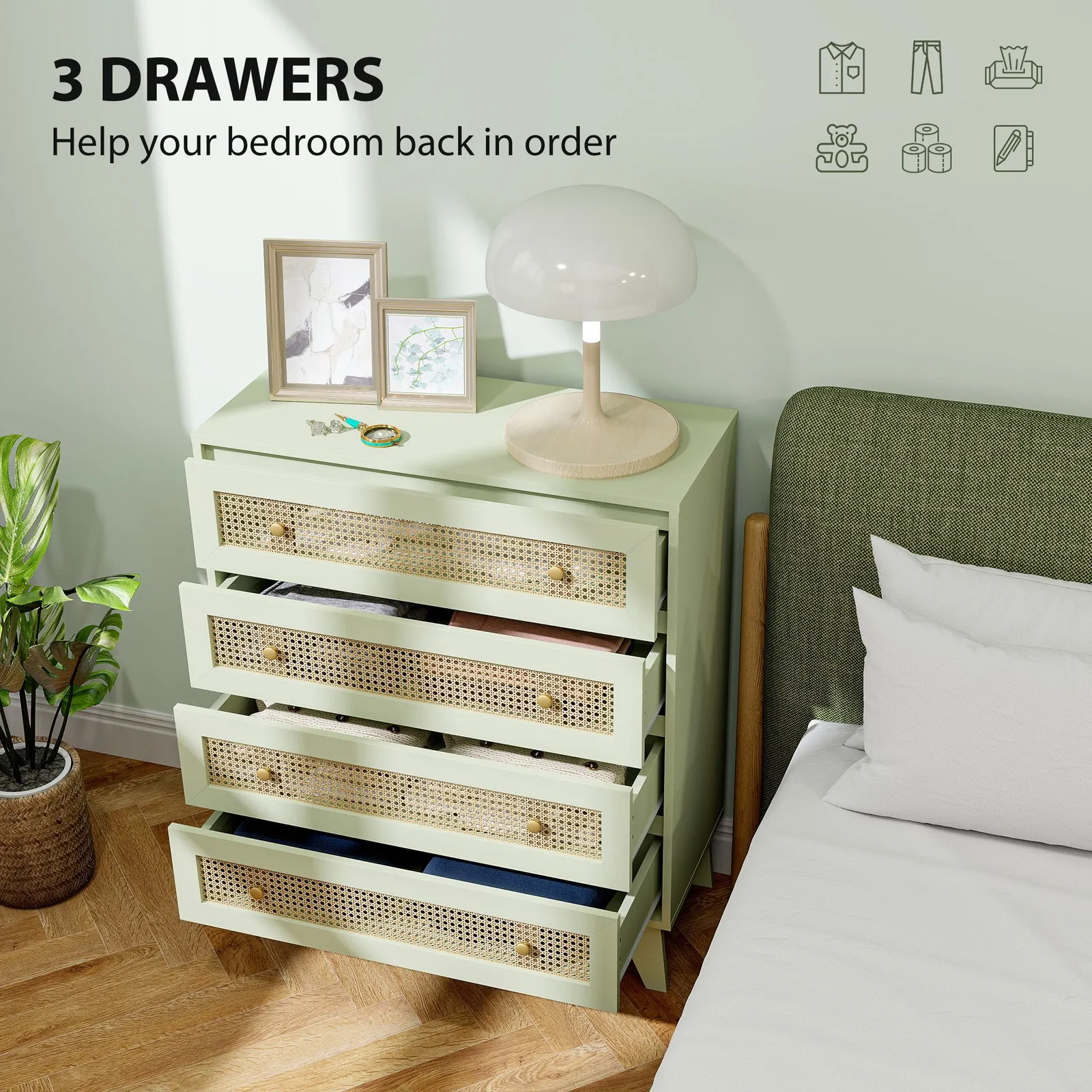 HOMCOM Chest of Drawers, 4 Drawer Unit Storage Organiser with Rattan Element in Light Green 6