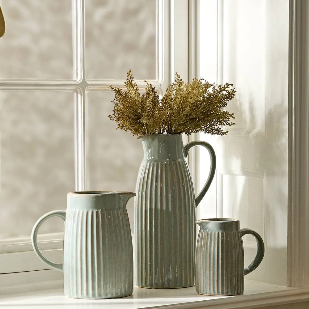 Dibor Ribbed Washed Blue Ceramic Pitcher Jug Set of 3