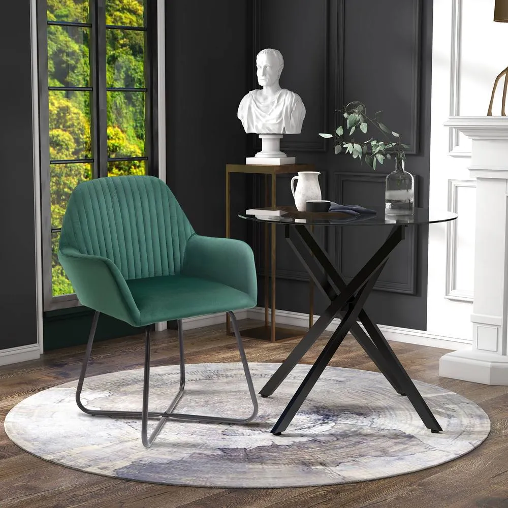 HOMCOM Round Glass Dining Table & Velvet Chair Set Kitchen Furniture 2pc Gre in Green