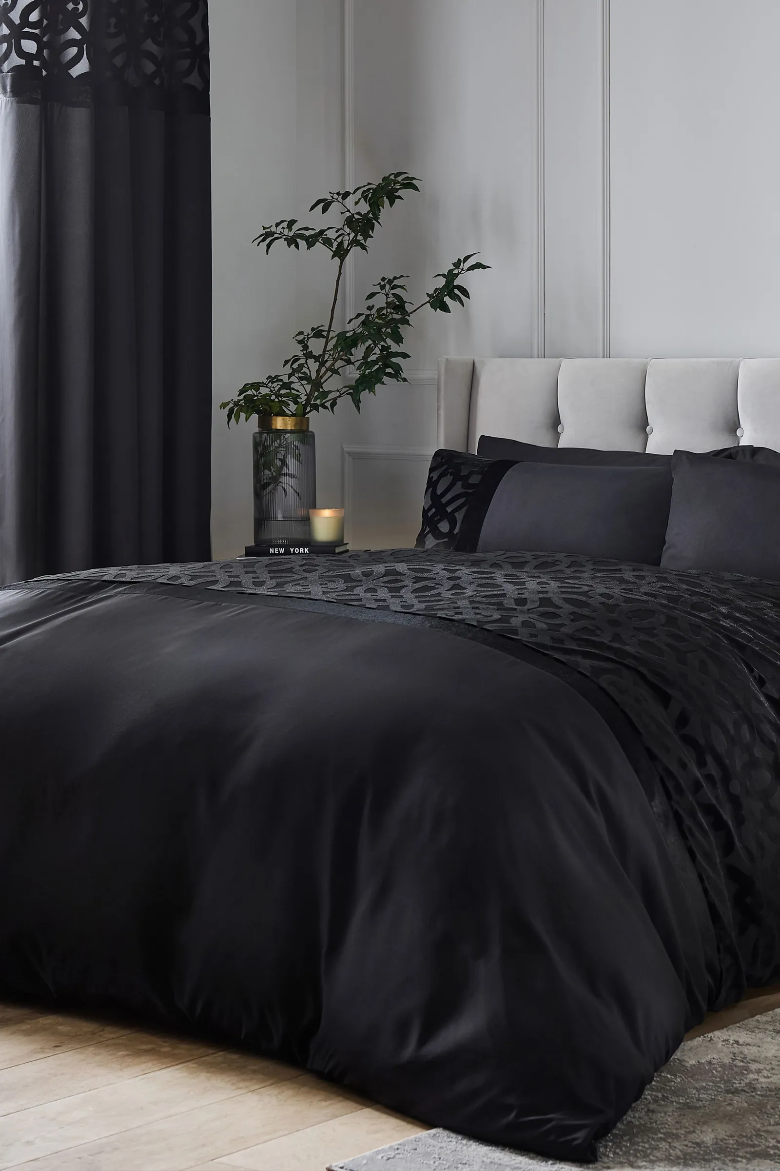 Catherine Lansfield 'Lattice Cut Velvet' Lined Eyelet Curtains in Black 3