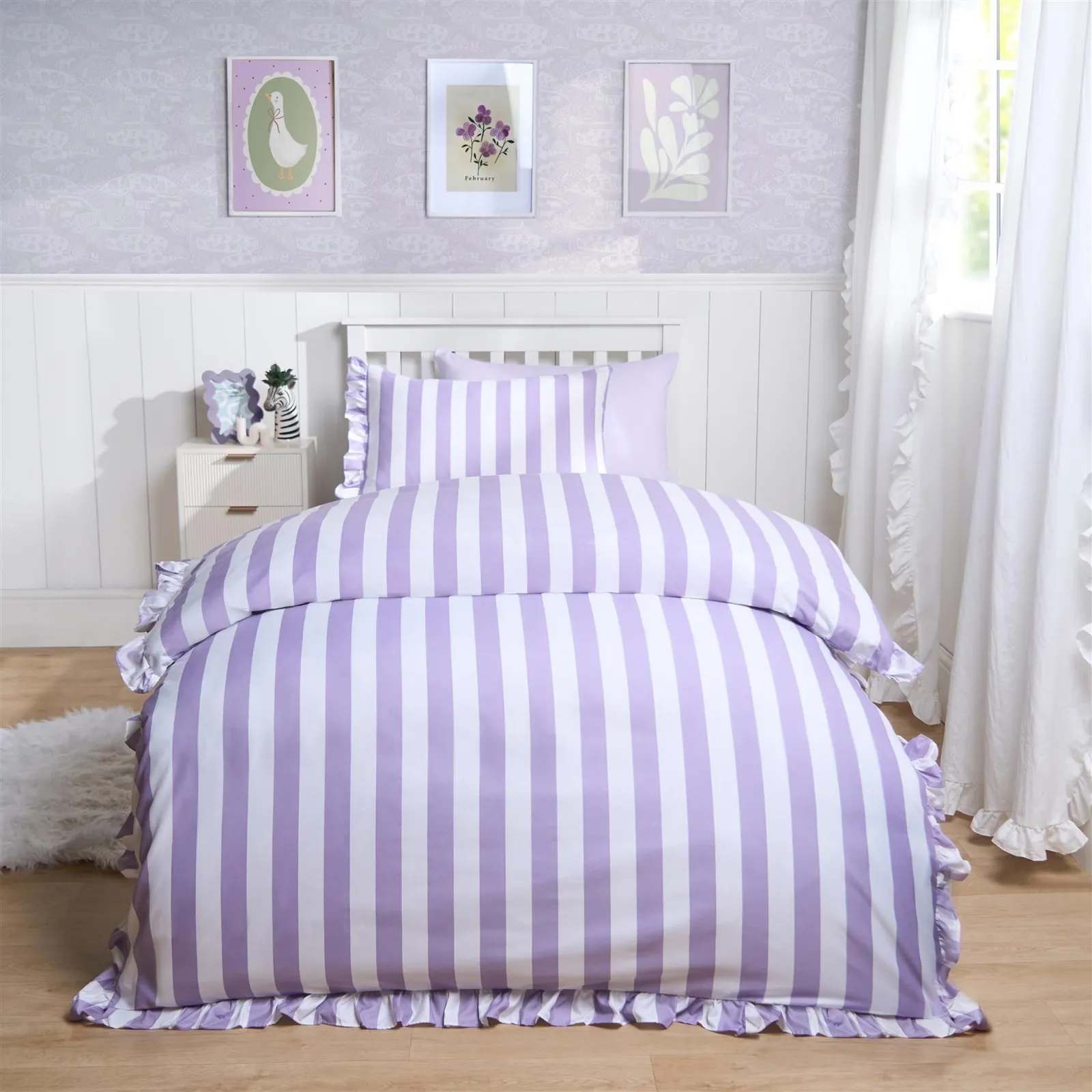 OHS Frill Duvet Cover Bedding Set Pillowcase Stripe Quilt Luxury in Lilac