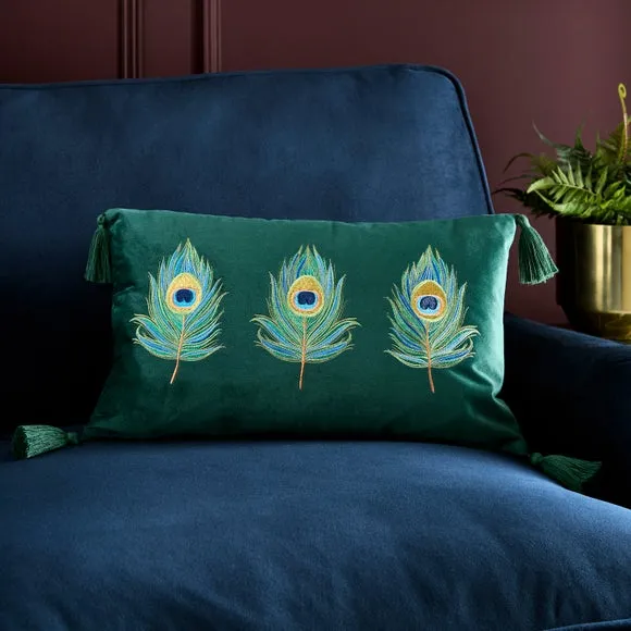 Embroidered Peacock Feather Rectangle Cushion
