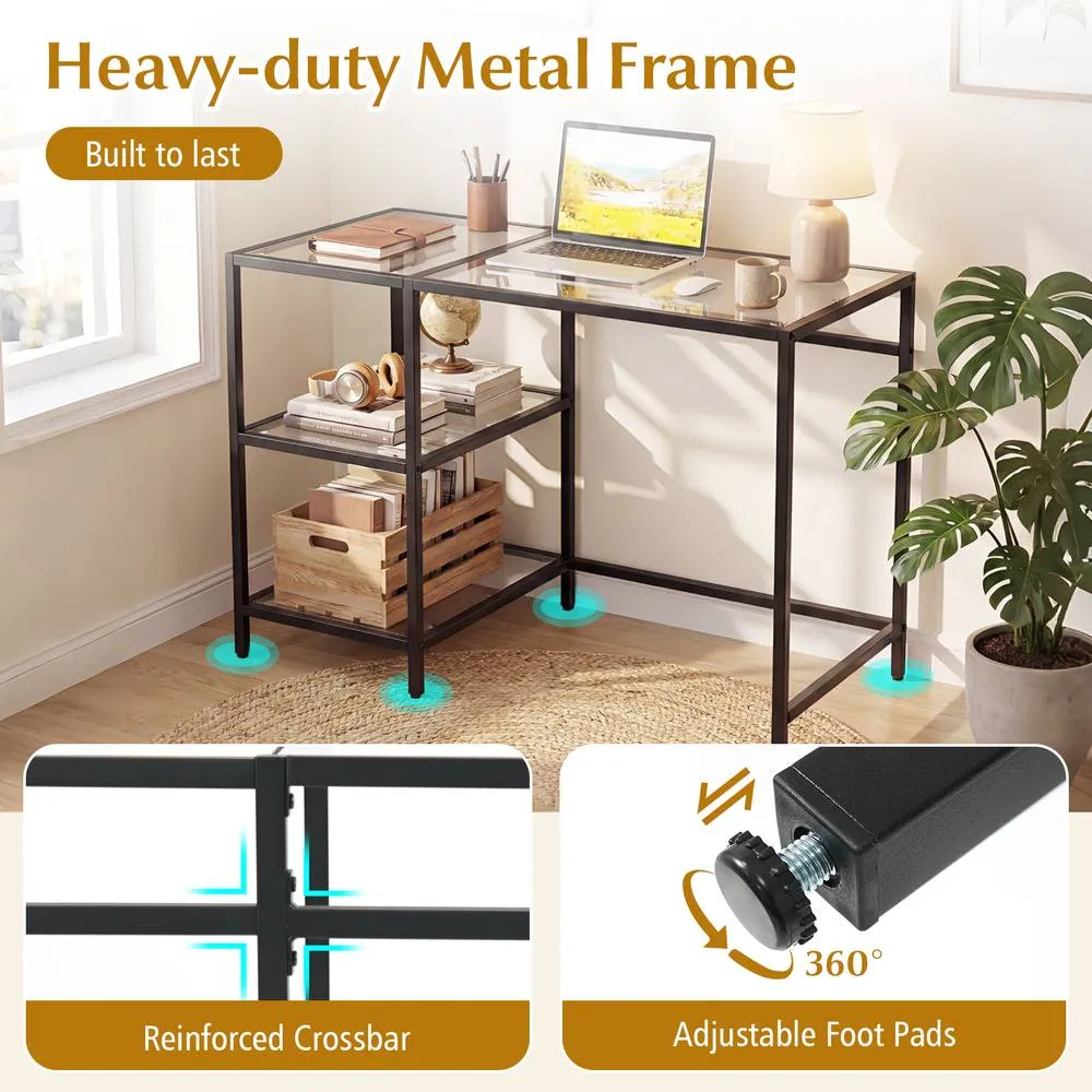 Costway Tempered Glass Computer Desk Modern Office Desk with Storage Shelves in Black 4
