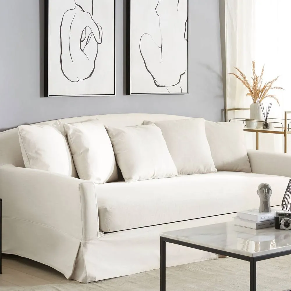 Wyld and Coco Off-White Polyester Slipcover for 3-Seater Rectangular Sofa in White