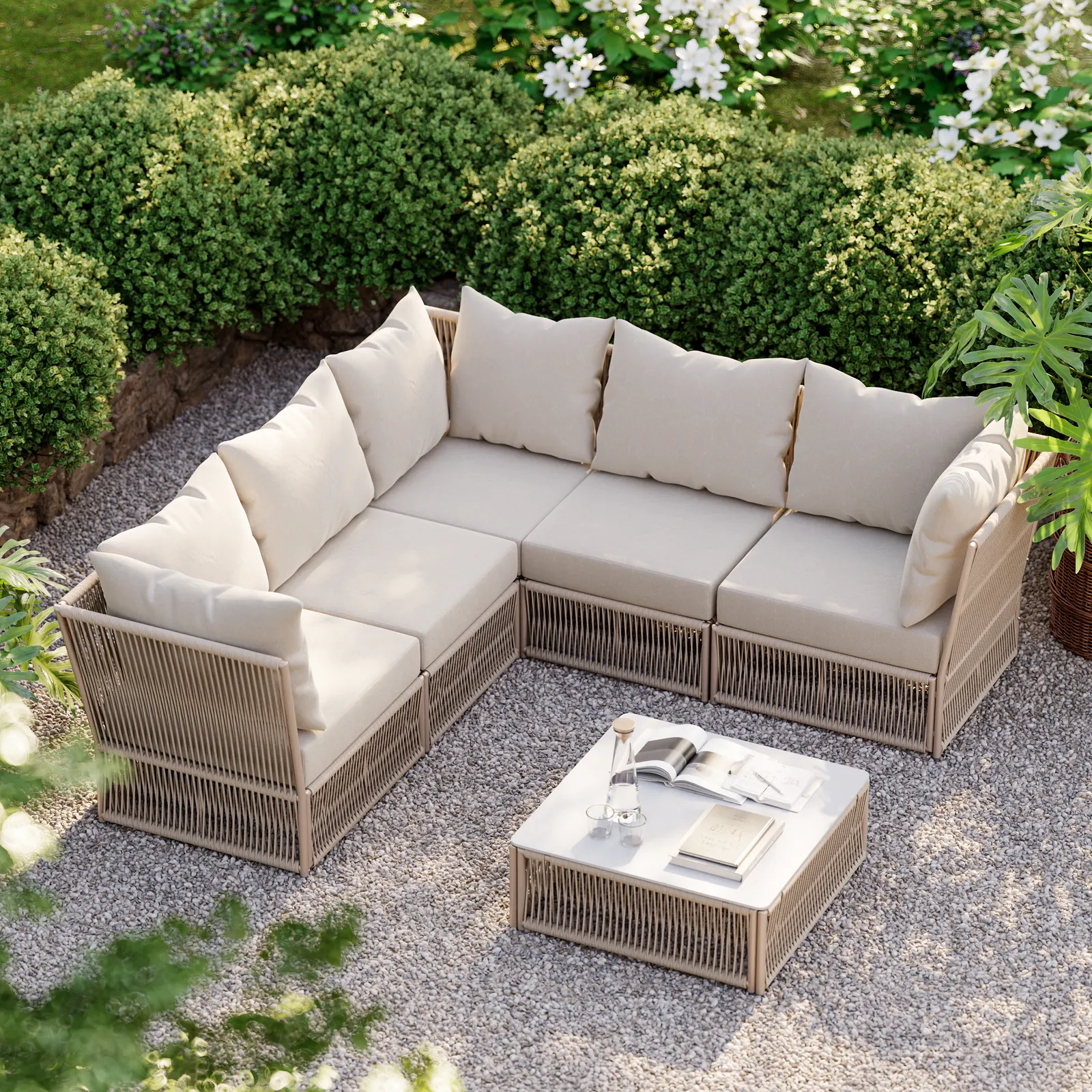 Large Warm White L-shaped Corner Sofa Modular Fabric 2200*2200*760mm