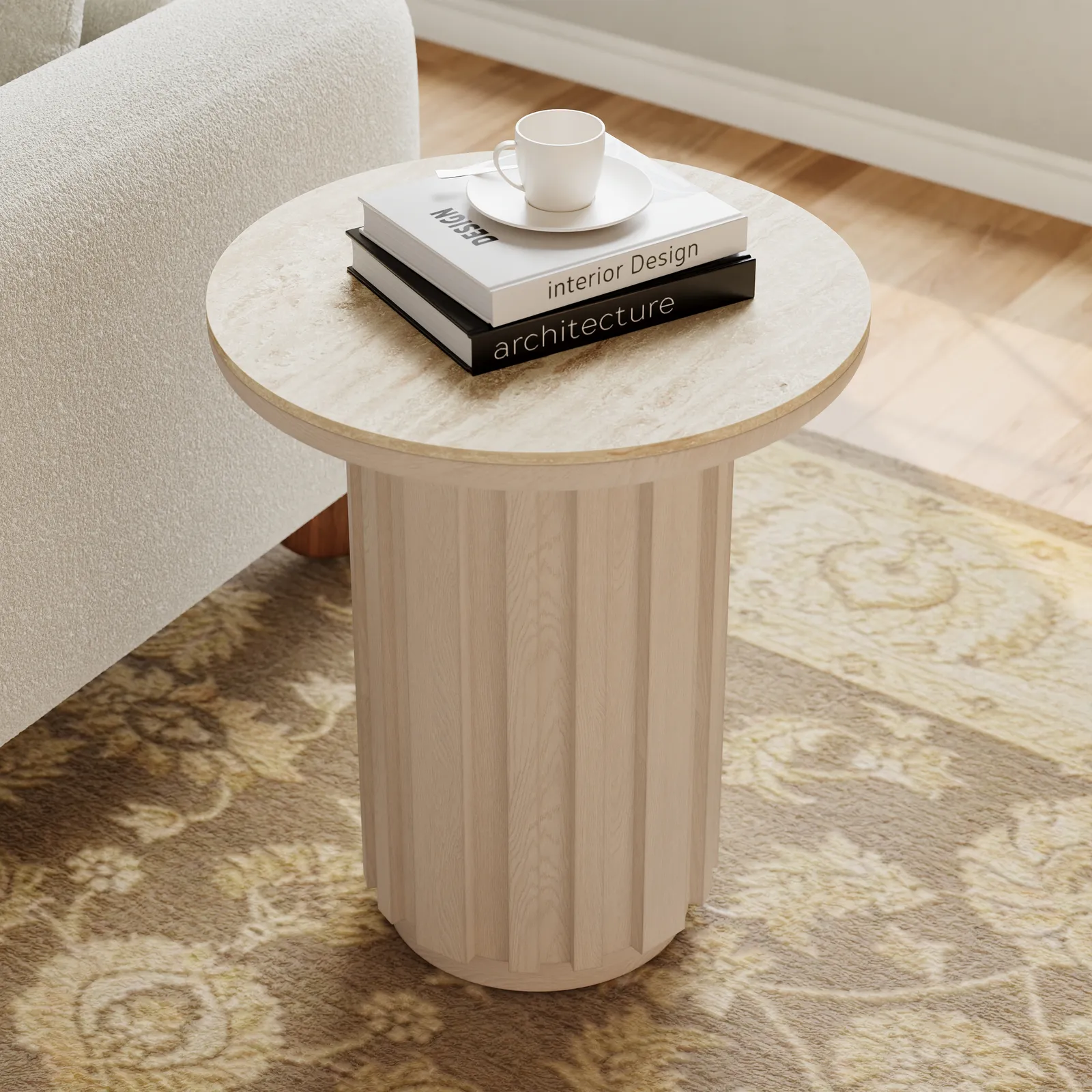 Aura Ash Wood Fluted Round Side Table with Sintered Stone Top