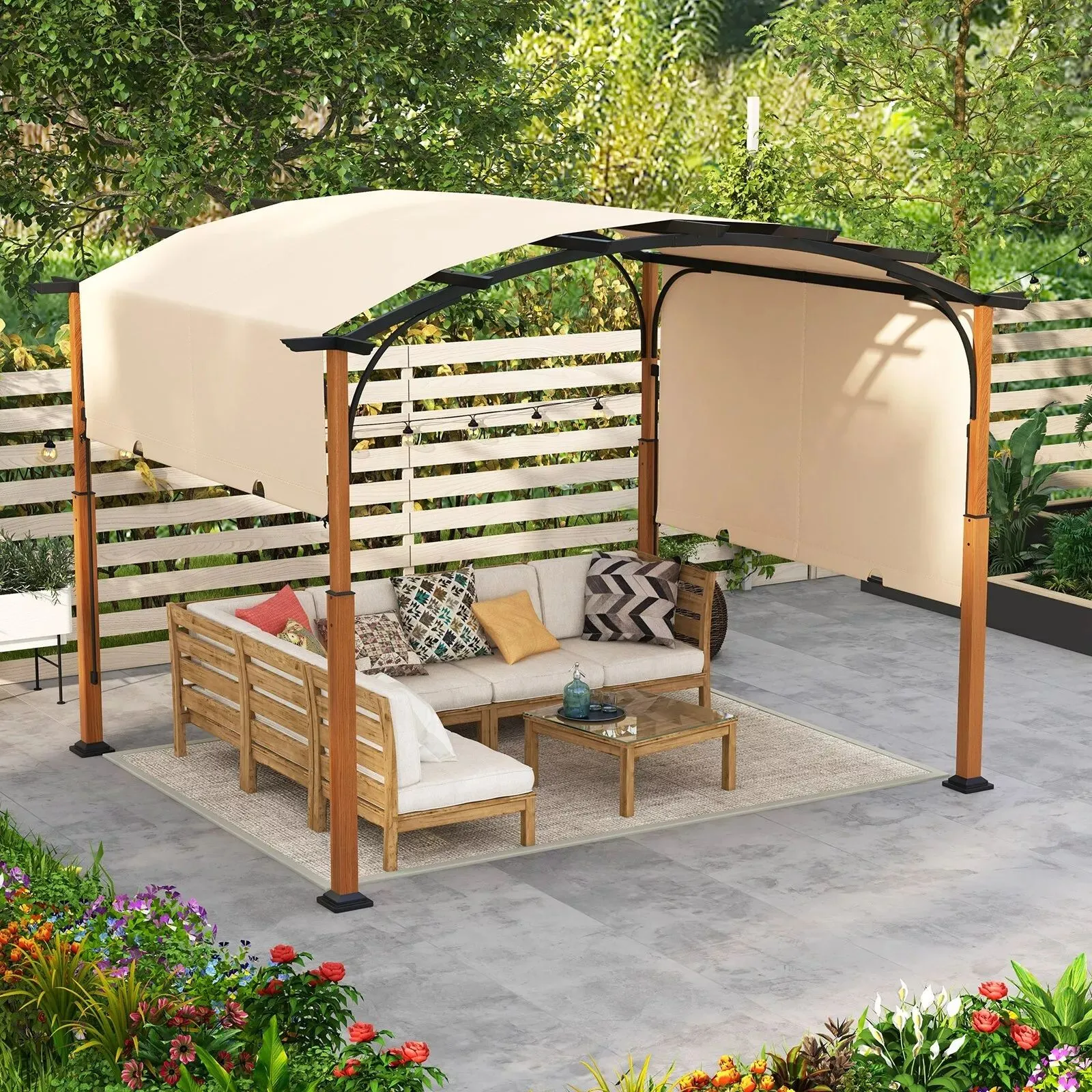 Costway 300x360cm Retractable Pergola Arched Patio Pergola Outdoor Metal Gazebo in Beige 3