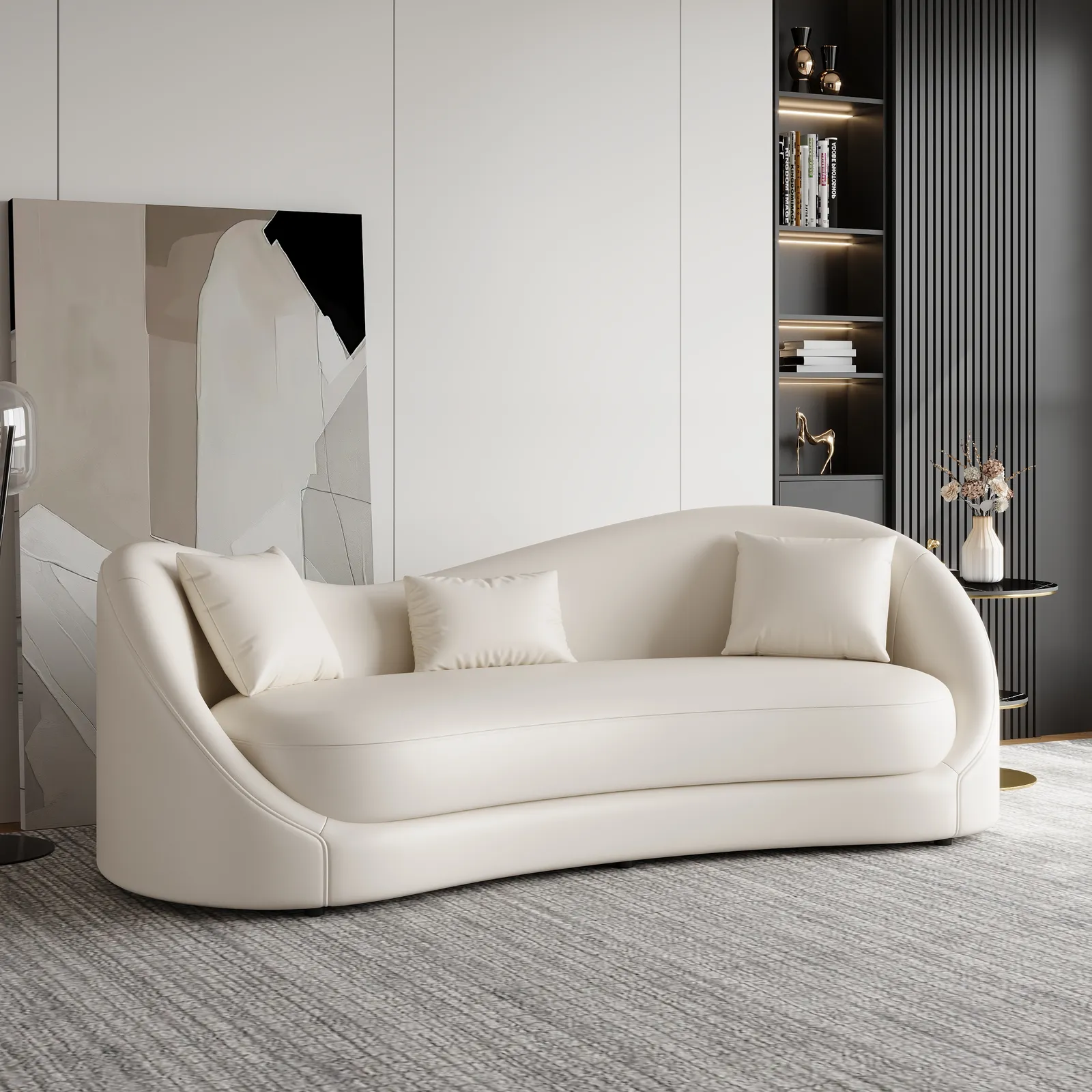 210 cm Performance Leather Curved Upholstered Sofa with Pillows