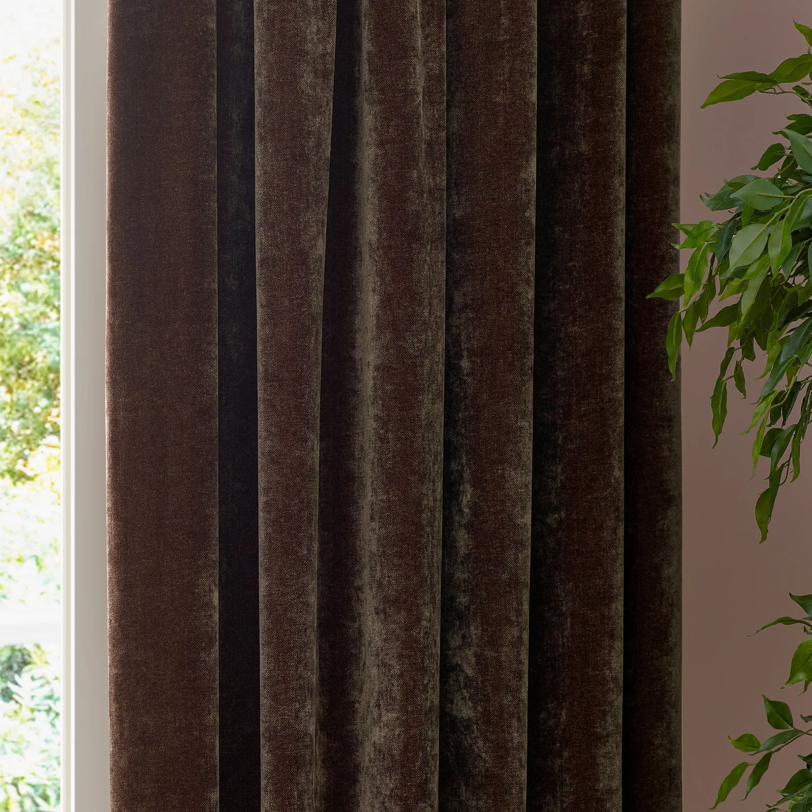 Yard Heavy Chenille Velvet Room Darkening Pencil Pleat Curtain Pair in Brown 3