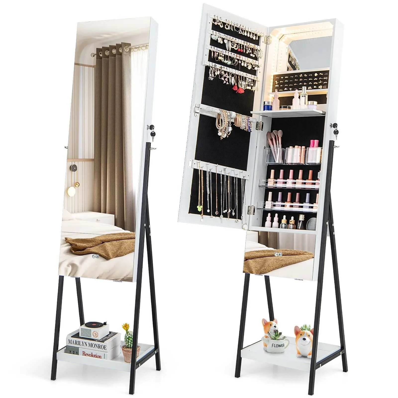 Costway Jewelry Cabinet Armoire w/ Full-Length Frameless Mirror & Built-in Makeup Mirror in White