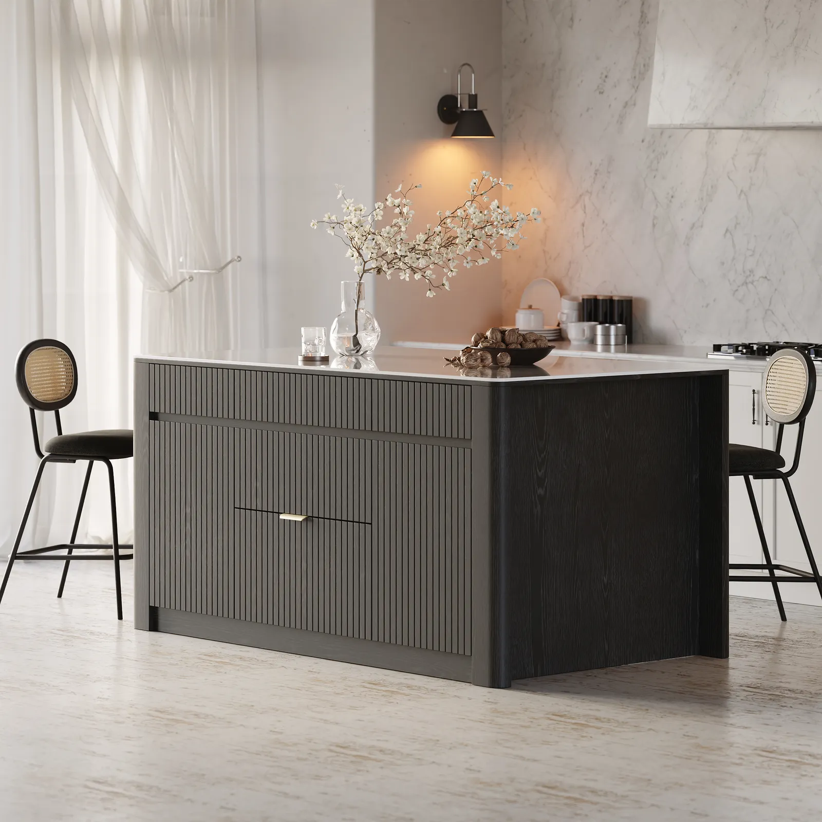 72" Kitchen Island Sintered Stone Top with Storage Black Modern