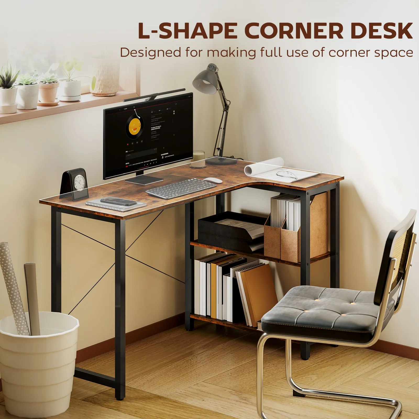 HOMCOM L-Shaped Computer Desk Study Workstation with 2 Shelves, Steel Frame in Brown 4