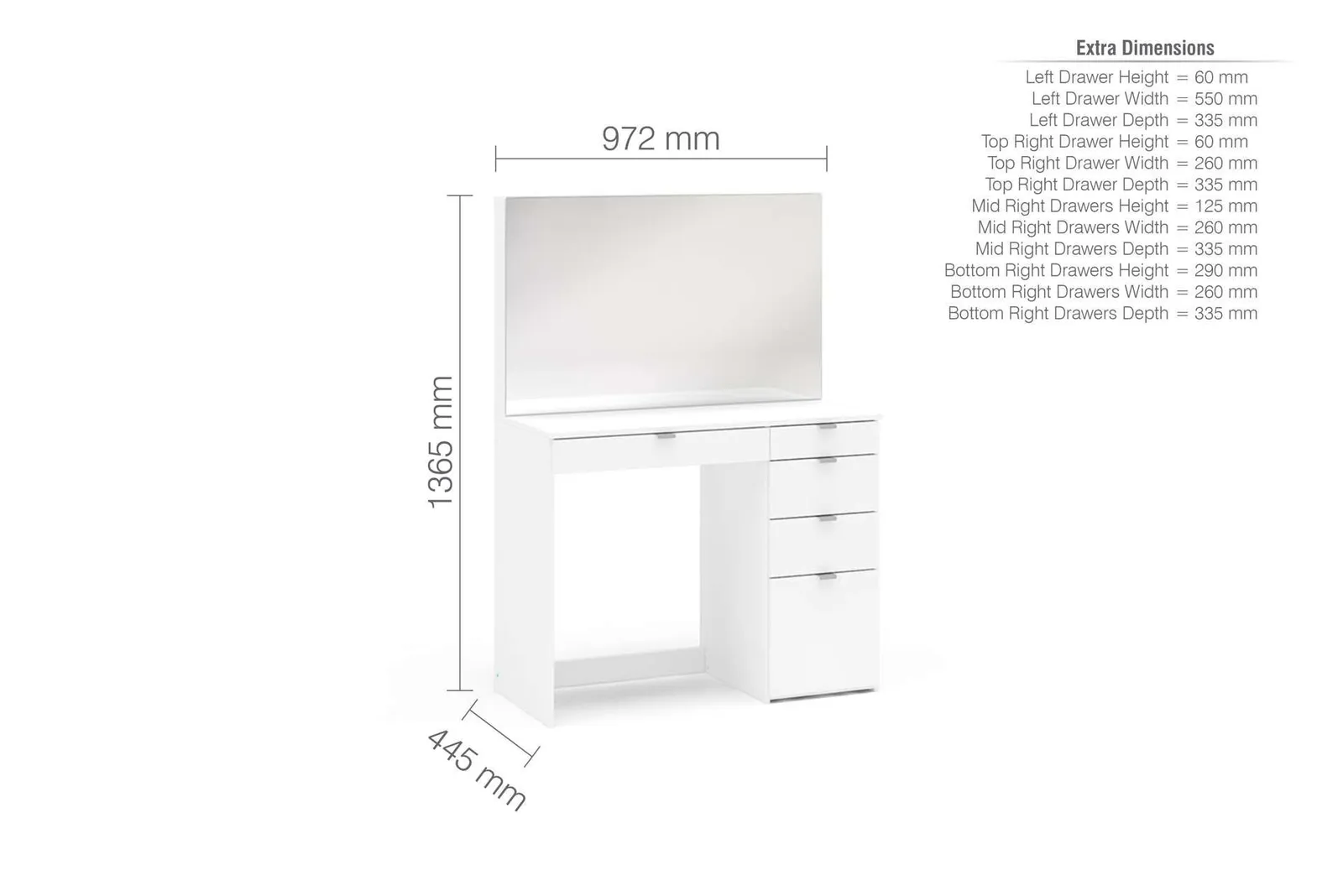 Birlea Ava 5 Drawer Dressing Table Black in White 3