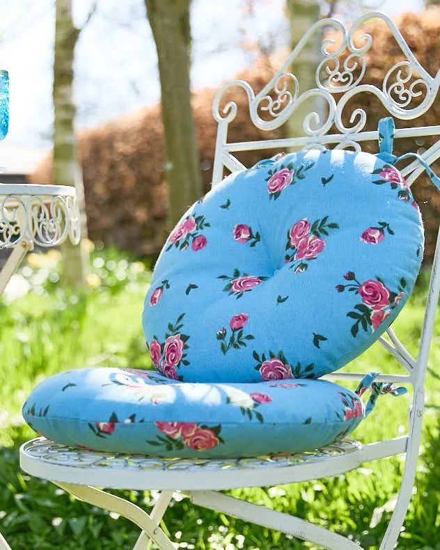 Dibor Set of 4 Blue Rose Round Summer Outdoor Garden Chair Seat Pad Cushions Dia 40cm