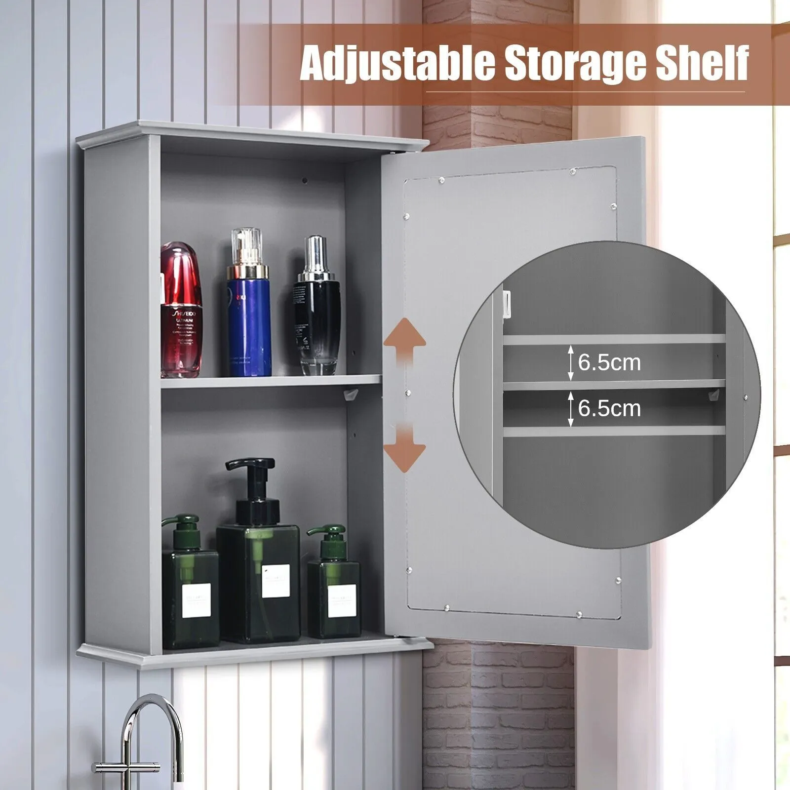Costway Bathroom Mirror Cabinet Wall Mounted Storage Cupboard Mirrored Medicine Cabinet in Grey 4