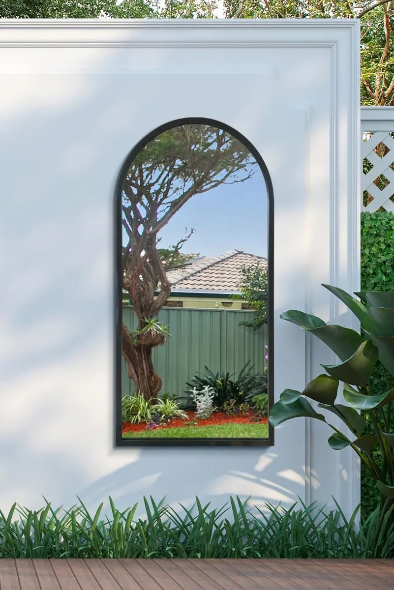 MirrorOutlet Black Metal Framed Arched Garden Wall Mirror 47" X 23.5" (120 X 60CM) 3