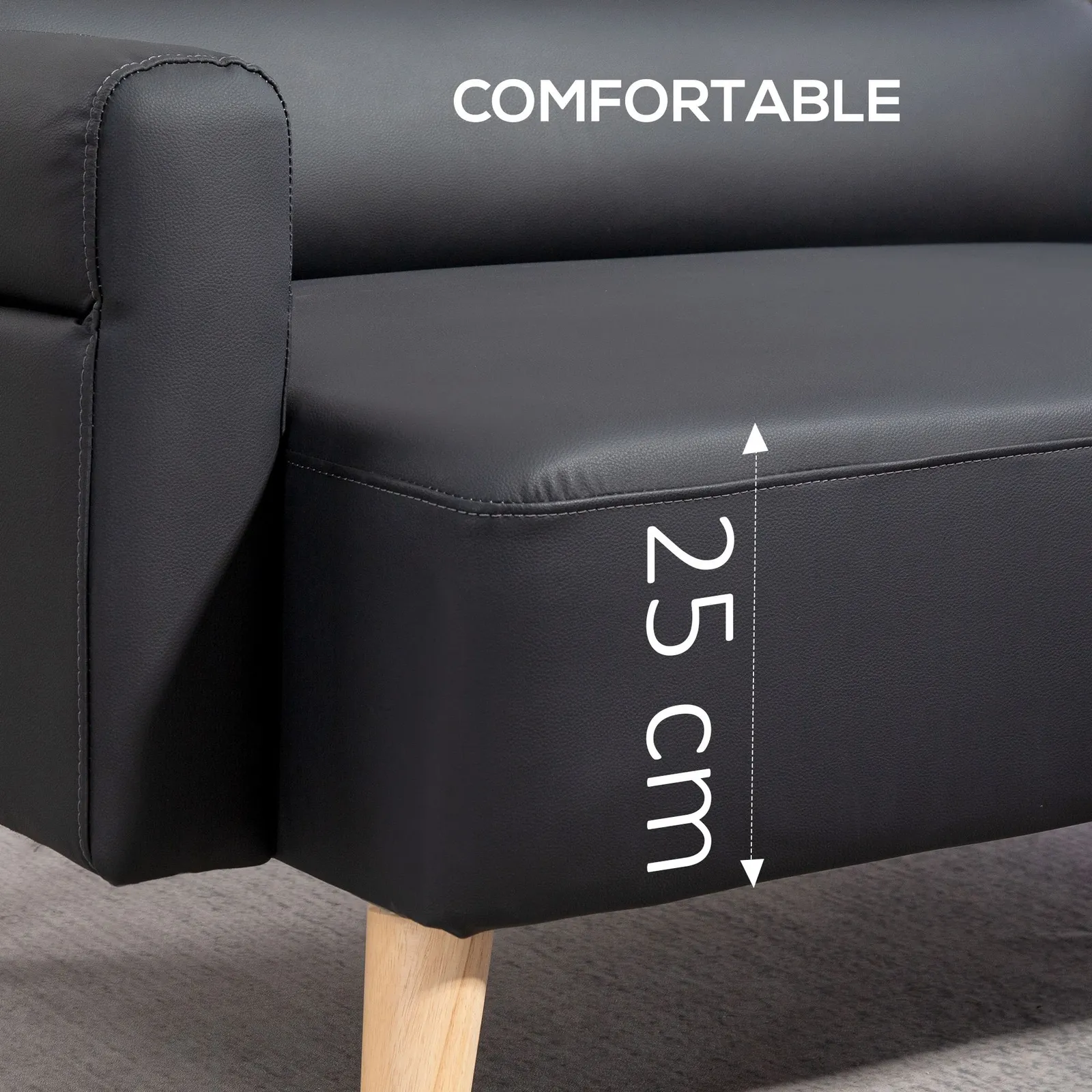 HOMCOM 2 Seater Sofa Settee, Modern Faux Leather Couch with Wood Legs in Black 4