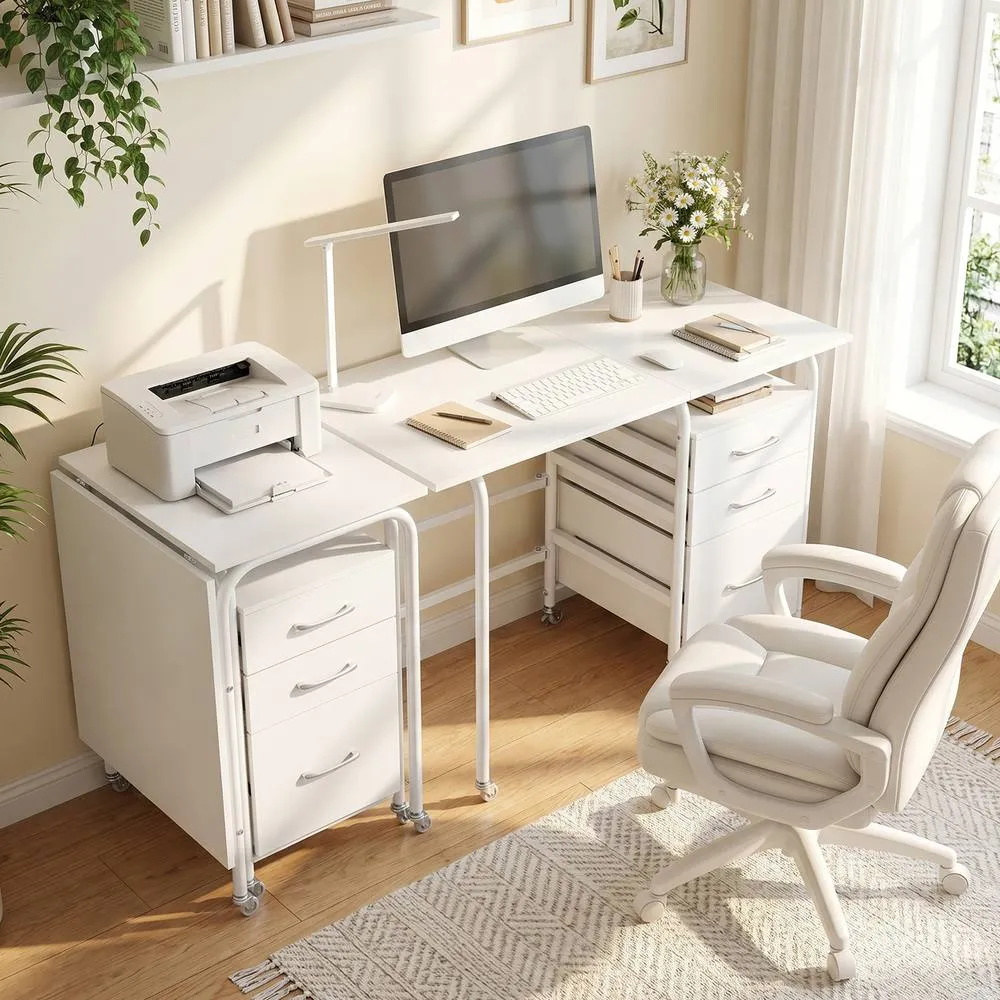 Costway Folding Desk with 3 Drawers Convertible Computer Desk in White 4