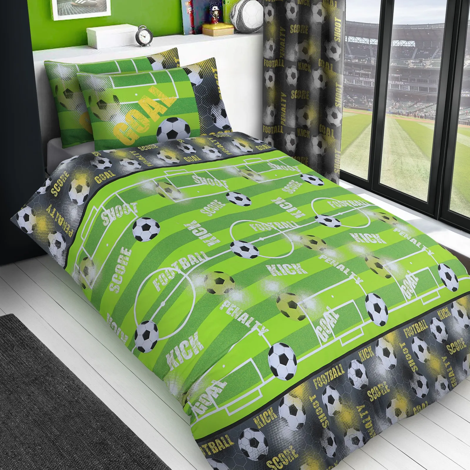 Velosso Footy Galore Cotton Rich Printed Duvet Cover & Pillowcase Set in Green