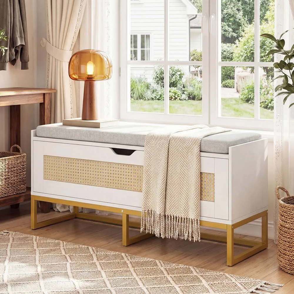 Costway Rattan Storage Chest Modern Hidden Storage Entryway Furniture in White 4