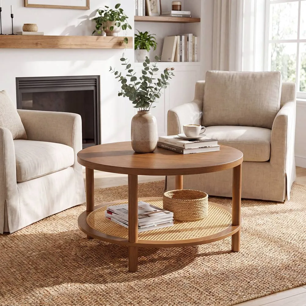 Costway Rattan Coffee Table 2-Tier Round Center Table with Wood Veneered Top in Brown 3