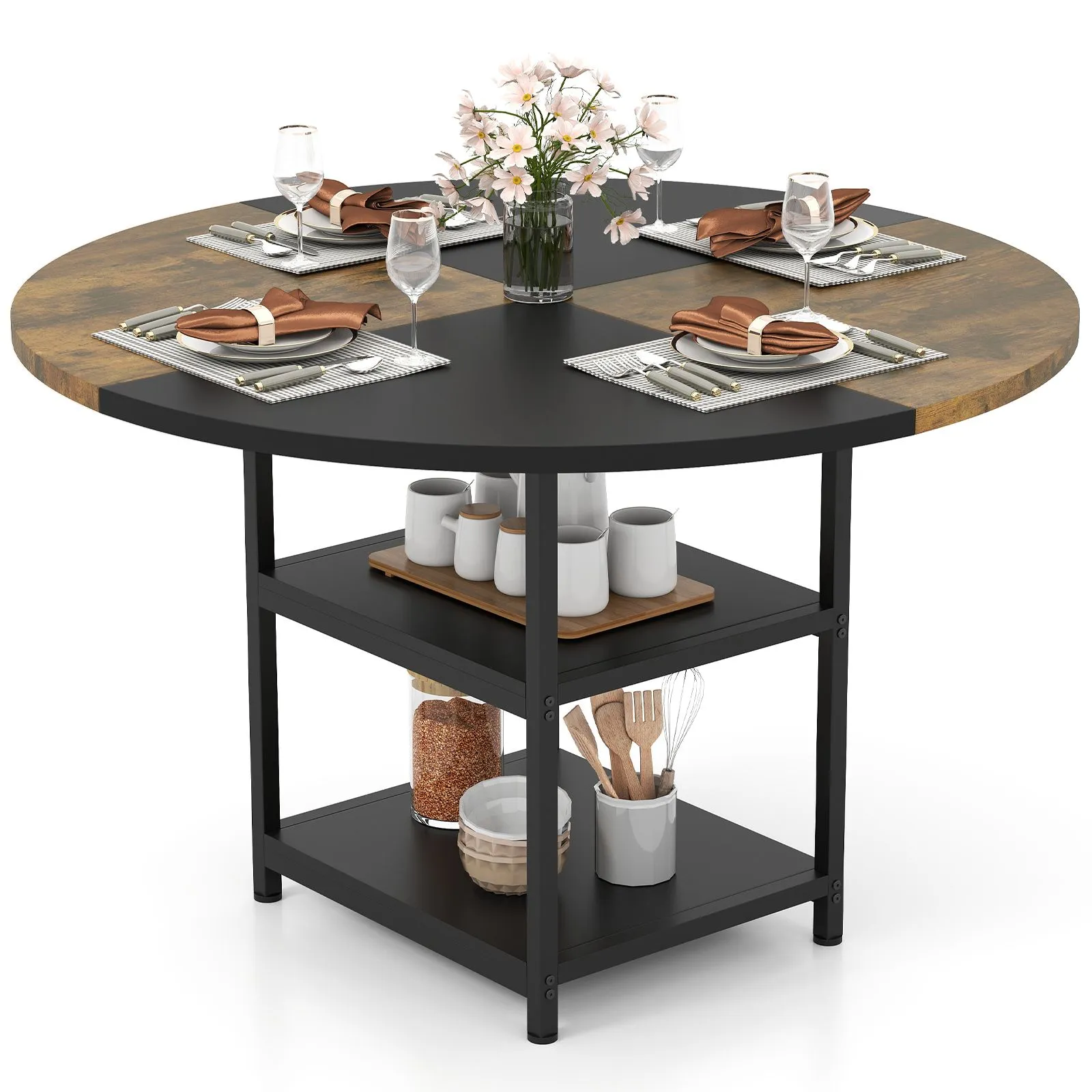 Costway Round Wooden Kitchen Table Dining Table w/ Storage Shlef