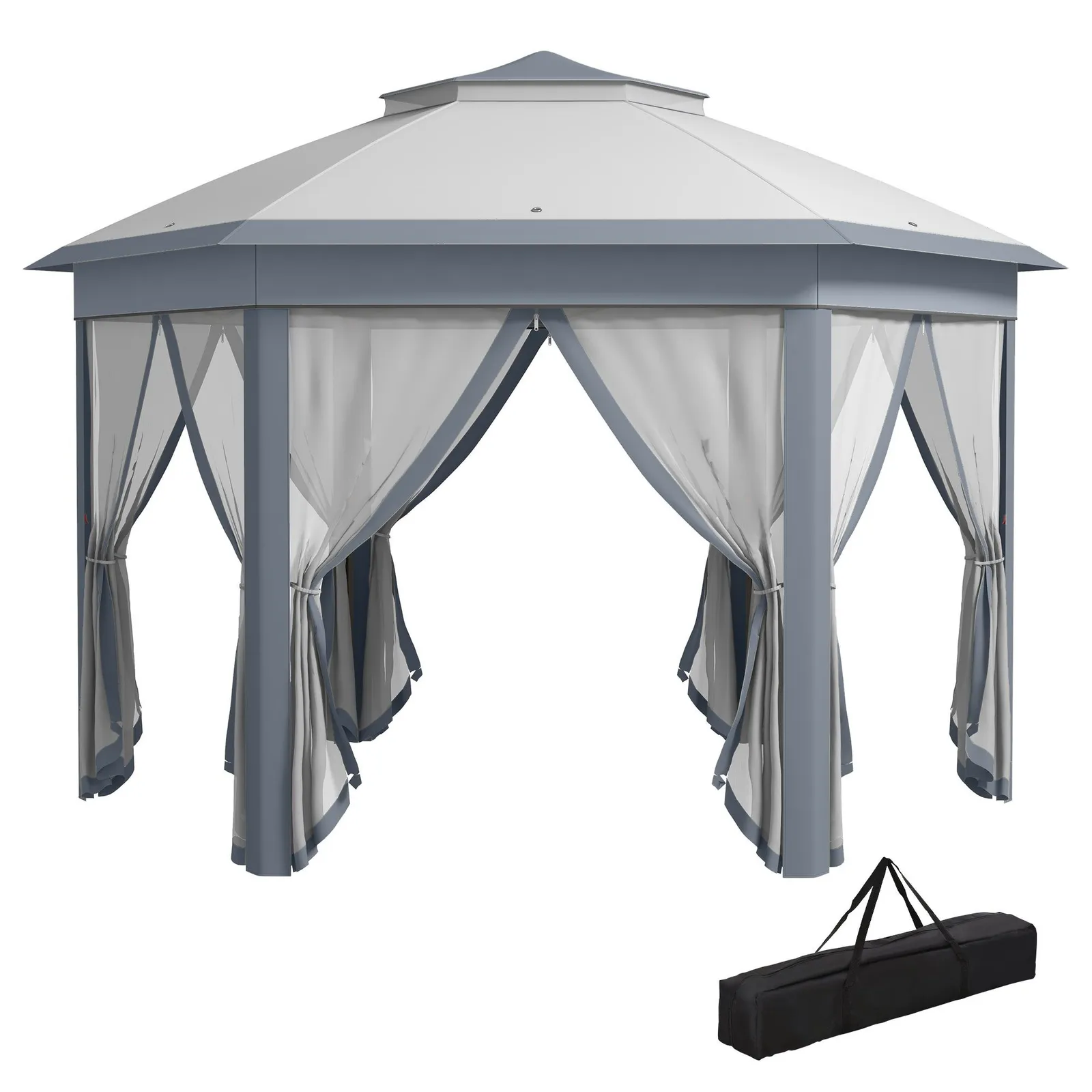 OUTSUNNY 3x4m Hexagon Gazebo w/ Metal Frame Mesh Curtains Outdoor Garden in Grey 2