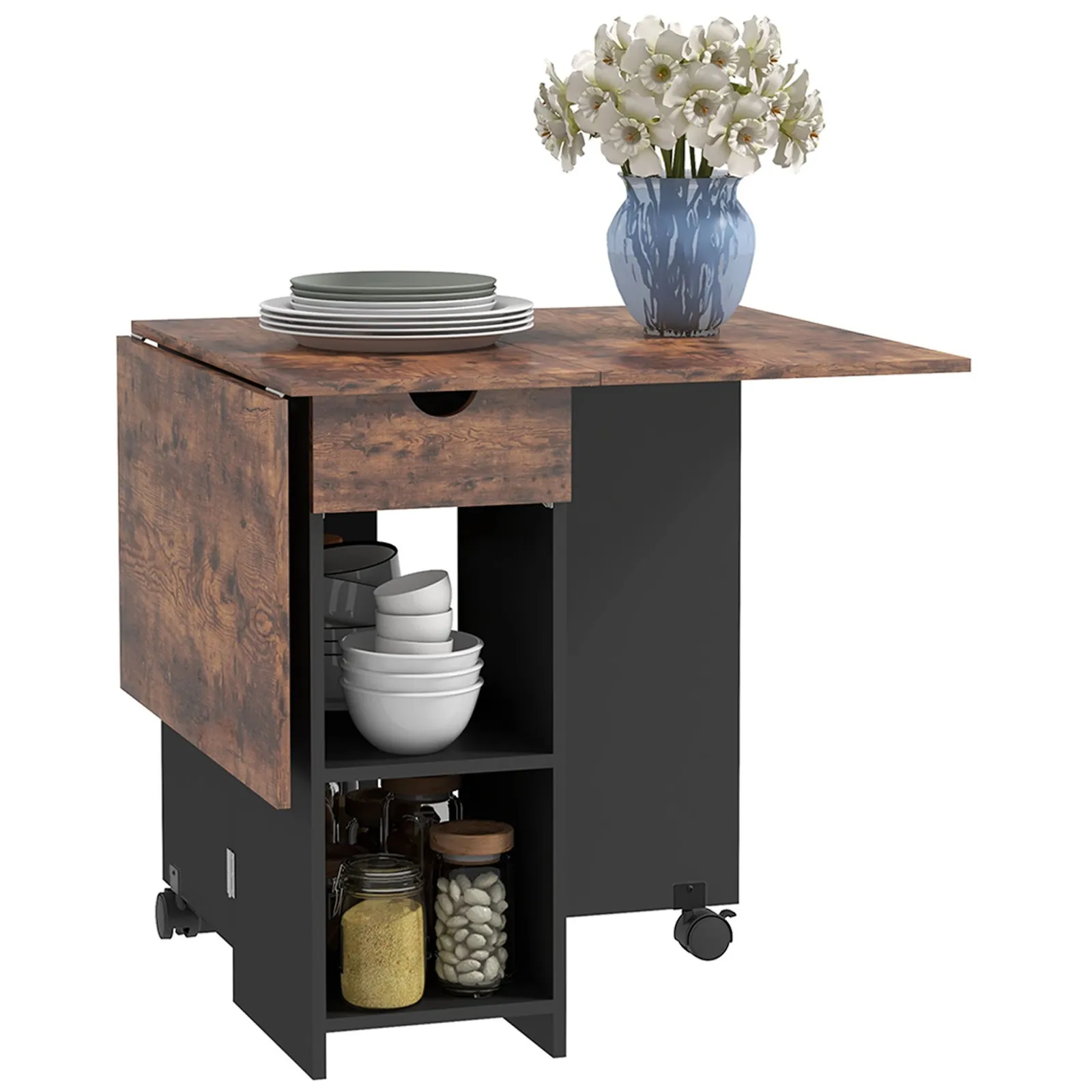 HOMCOM Foldable Dining Table, Drop Leaf Table with Storage for Kitchen in Brown 2