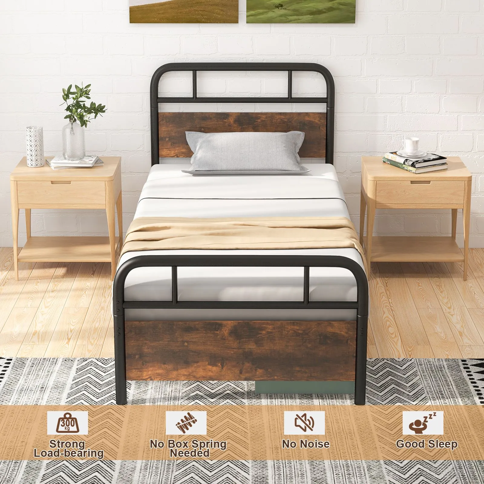 Costway Single Size Bed Frame Platform Metal Slats Support Bed W/ Industrial Headboard in Black 5