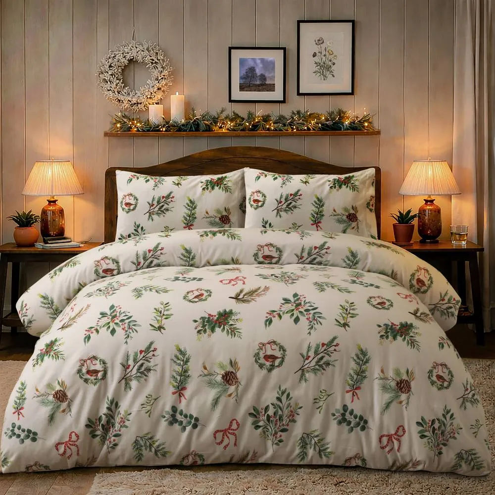 Portfolio Home Evergreen Bows Festive Botanical Duvet Cover Set With Pillow Case 1