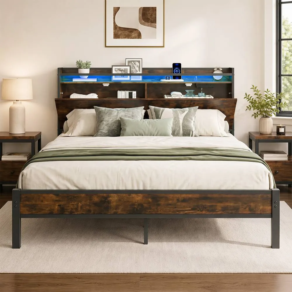 Costway King Size Bed Frame with LED Lights & Charging Station in Black 3