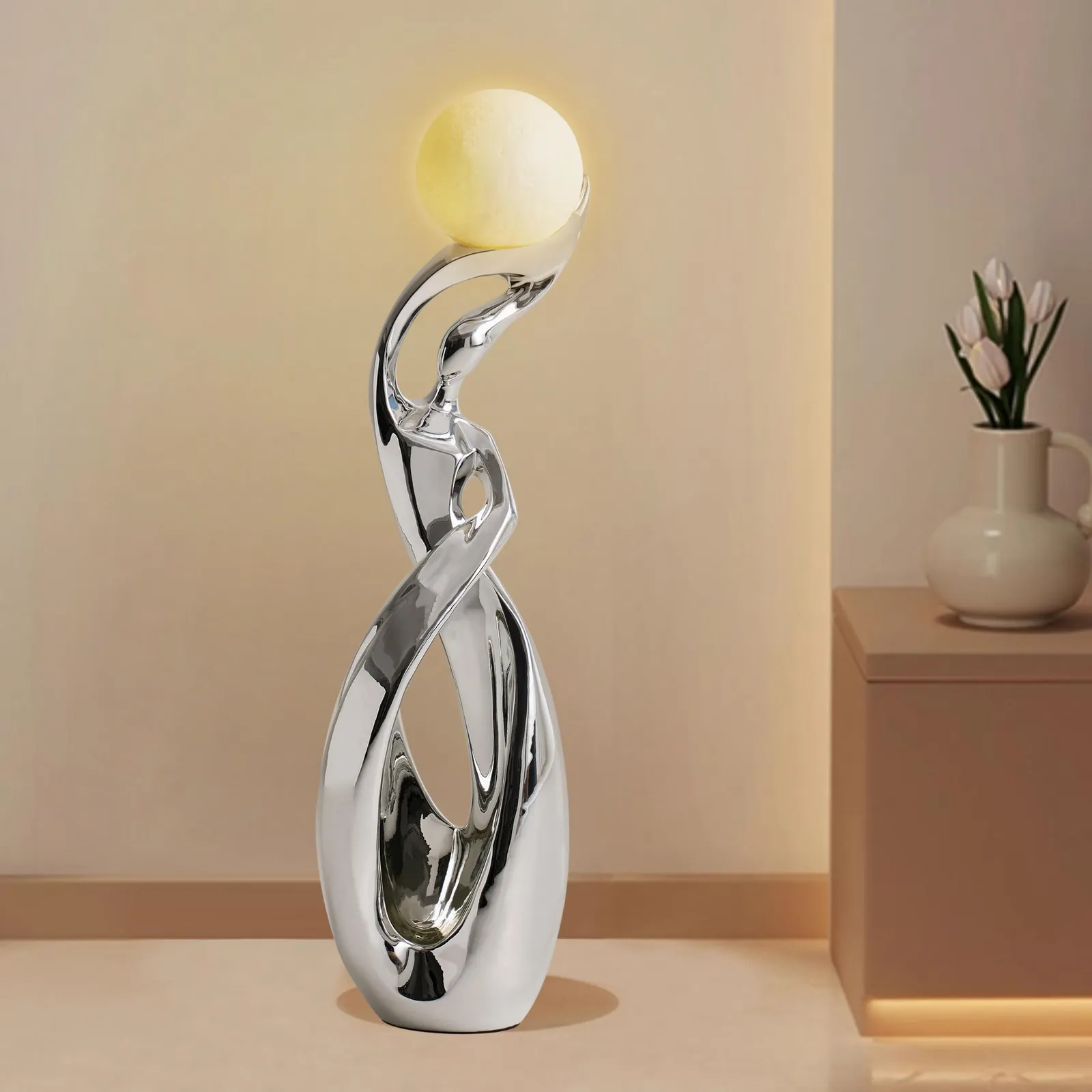 Silver Sculpture with Illuminated Sphere Modern Art Decor for Living Room