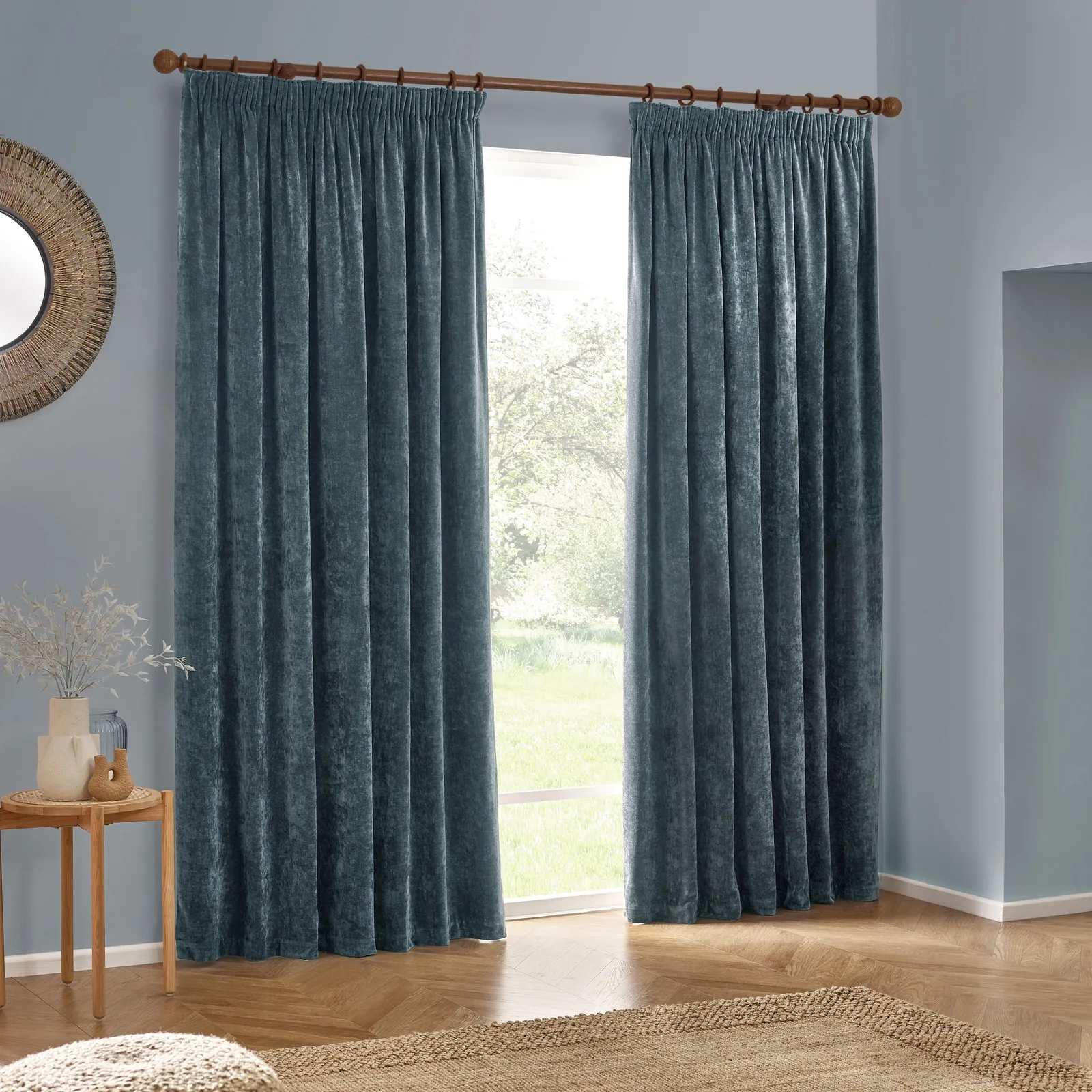 Yard Heavy Chenille Velvet Room Darkening Pencil Pleat Curtain Pair in Blue 5