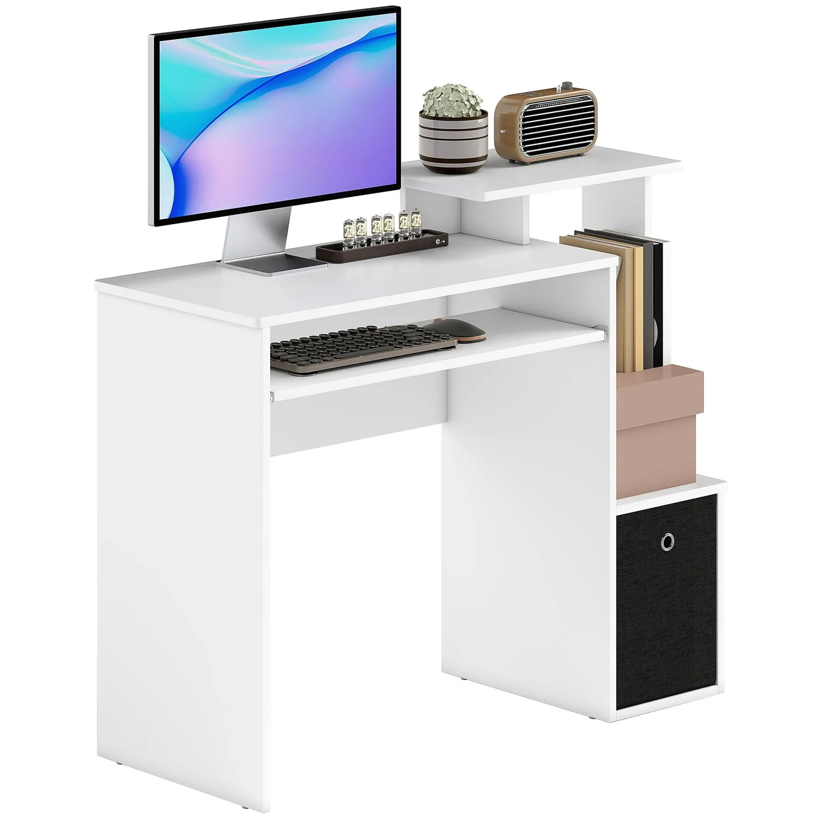 HOMCOM Computer Desk with Sliding Keyboard Tray Storage Drawer Shelf in White 2