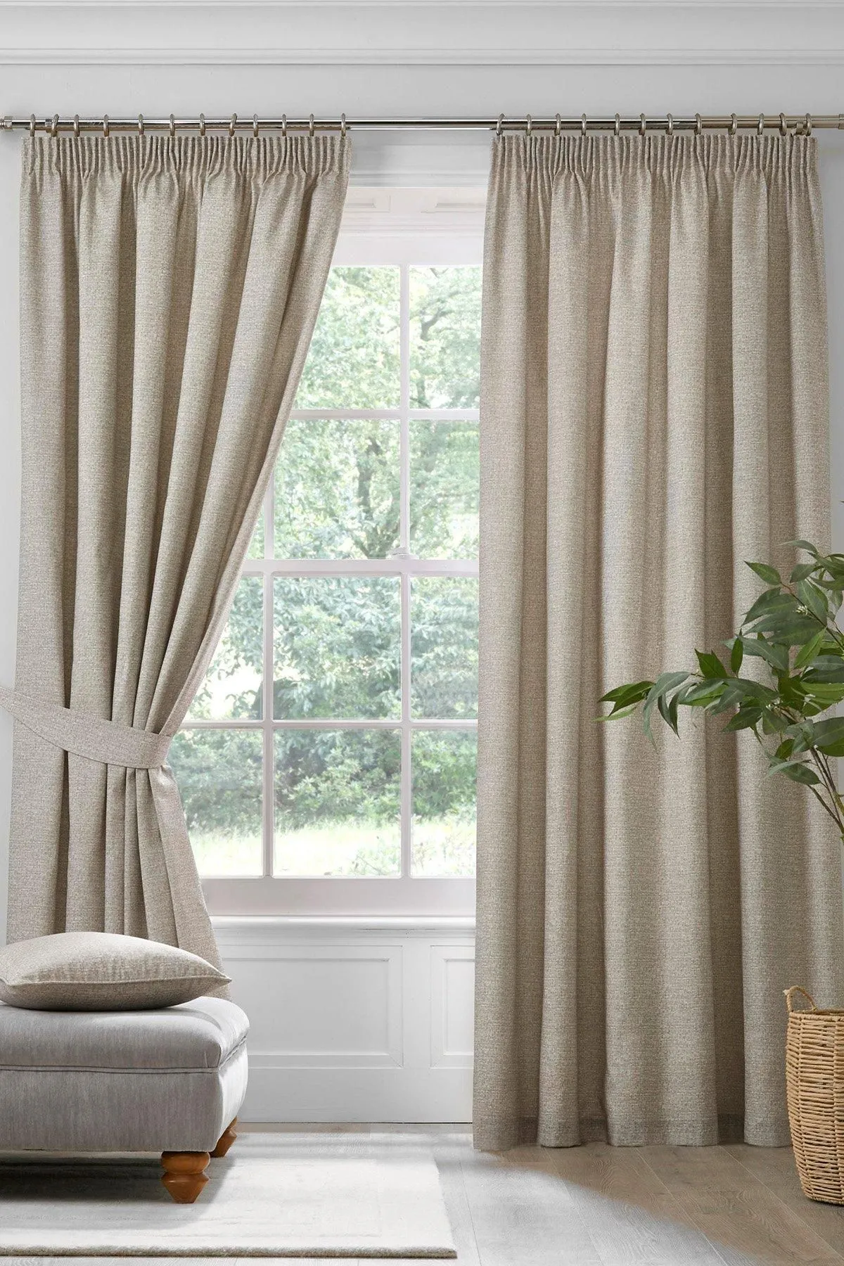 Dreams & Drapes 'Pembrey' Textured Pair of Pencil Pleat Curtains With Tie-Backs in Natural 1