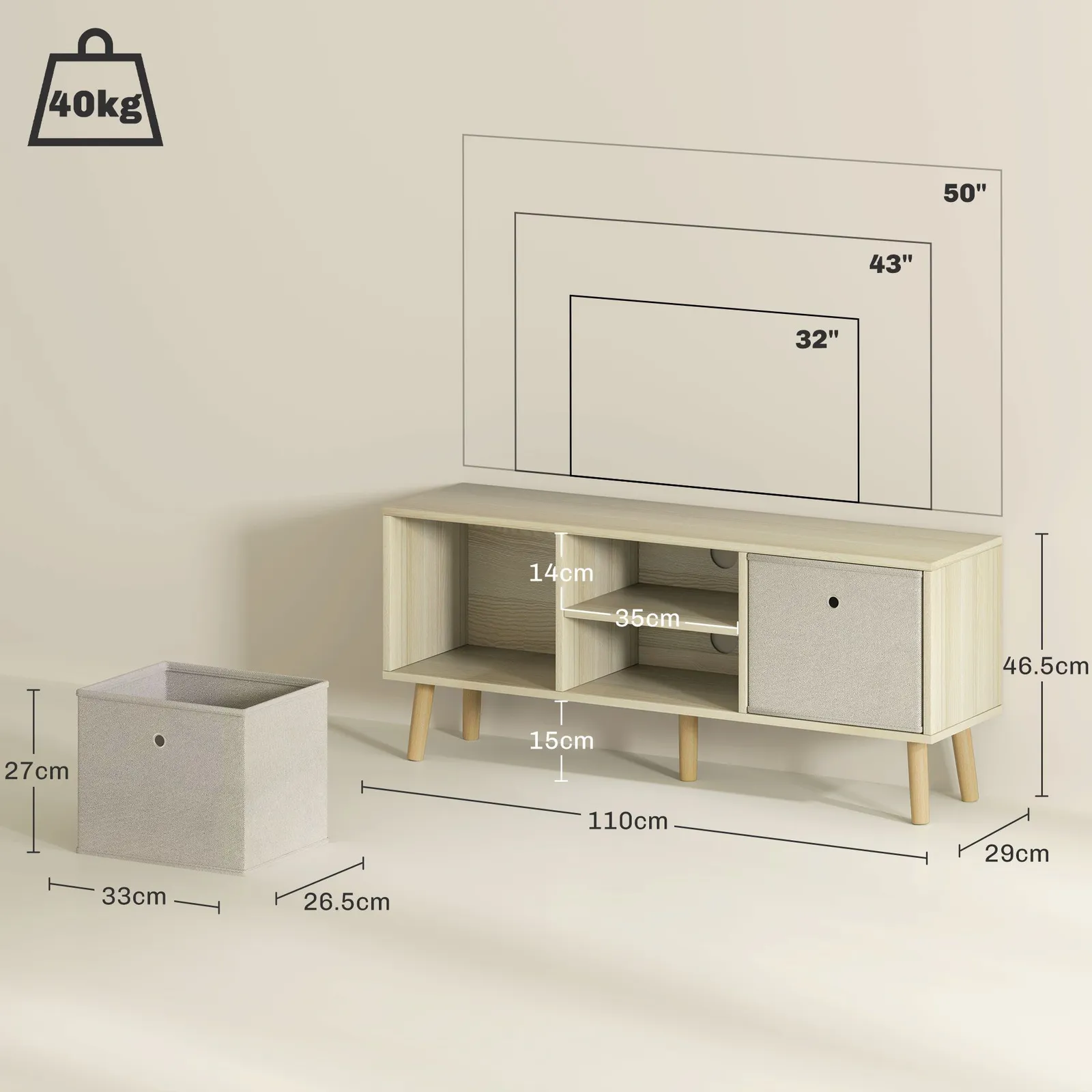 HOMCOM Modern TV Cabinet Stand w/ Shelves & Drawers, Bedroom Natural 3