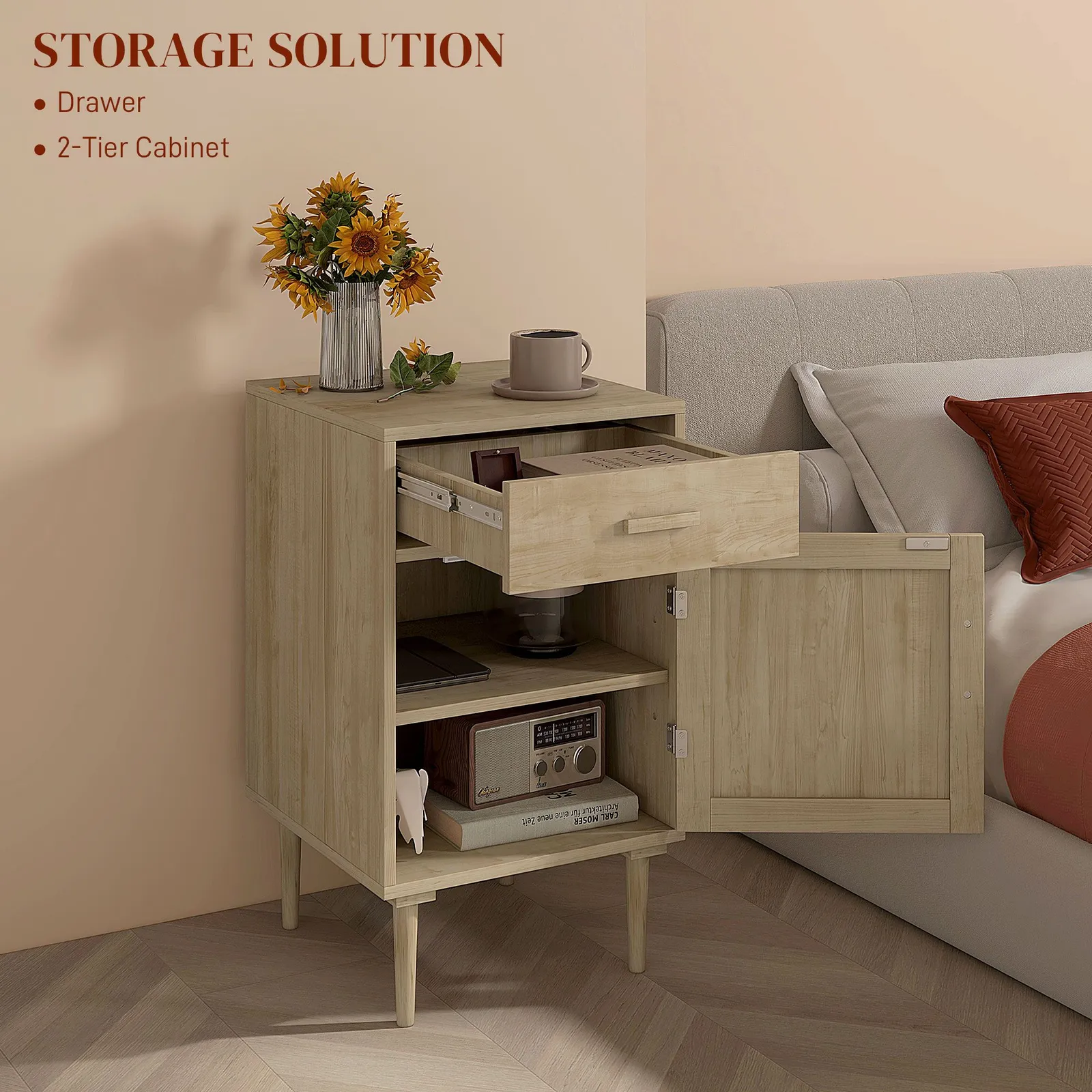 HOMCOM Bedside Table, Rattan Side Tables w/ Drawer, Cabinet & Adjustable Shelf, Boho Bedside Cabinet w/ Storage for Bedroom, Living Room, Natural 5