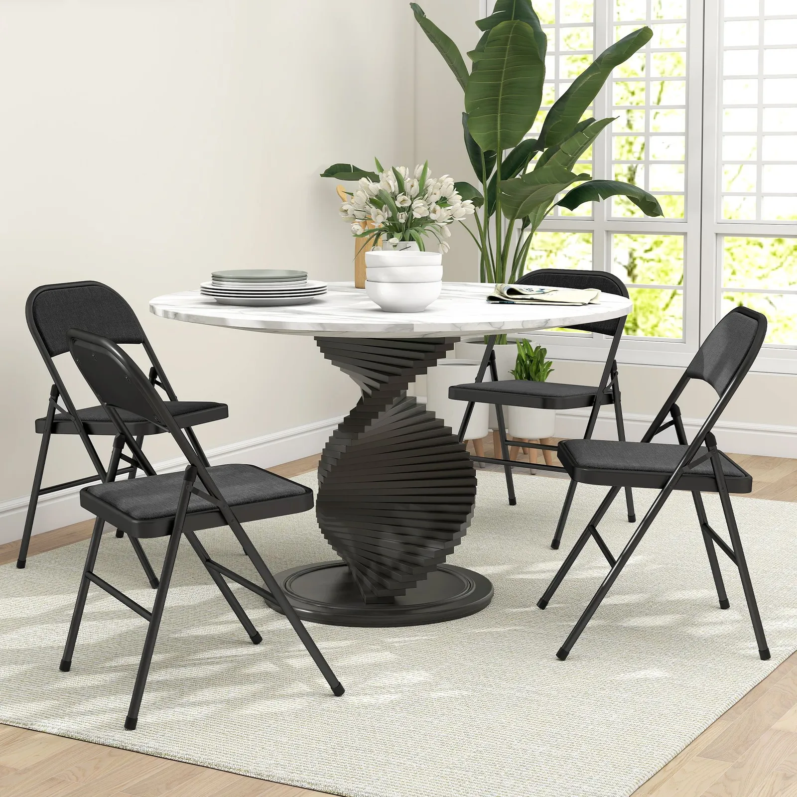 HOMCOM 4 Pack Linen-Look Padded Folding Chairs with Cushioned Seat Black