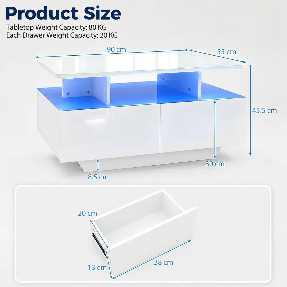 Costway Coffee Table 20-Colour Lighted High Glossy Center Table With 2 Drawers in White 2