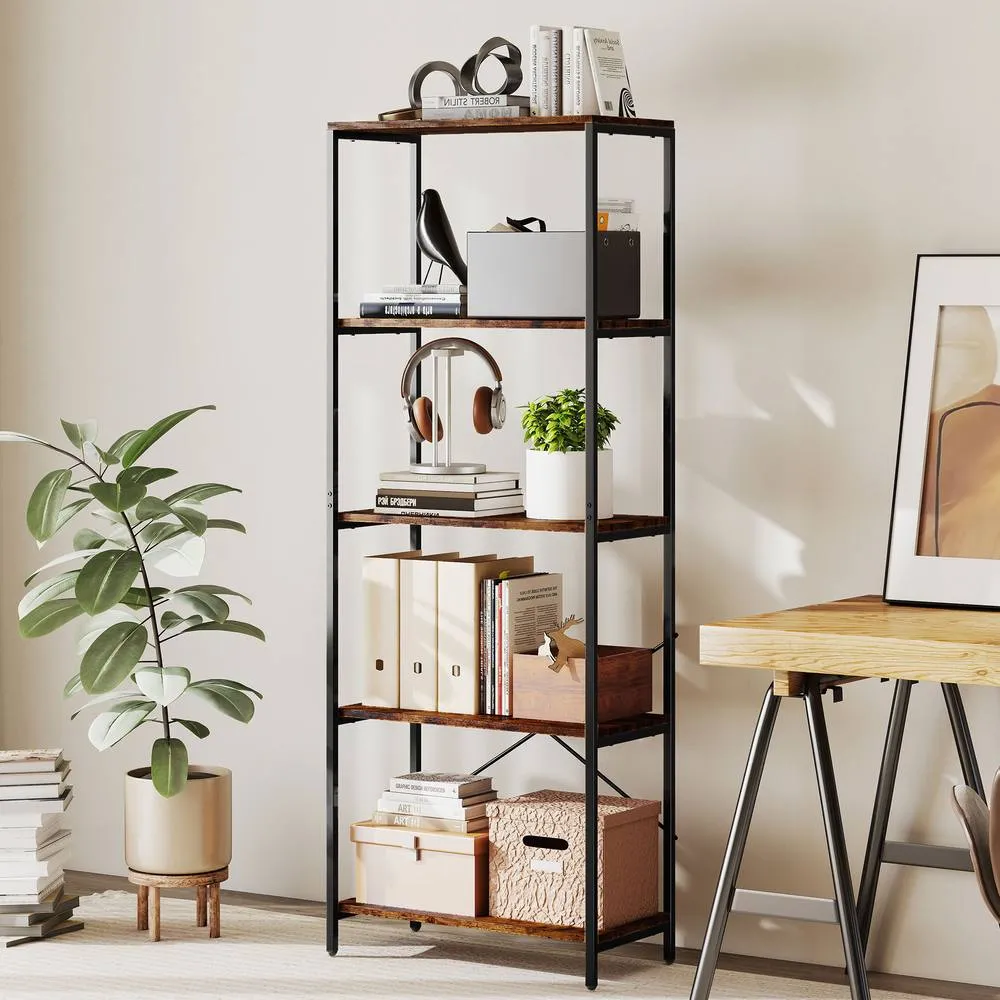 HOMCOM Industrial Bookshelf, Freestanding Bookcase, Rustic Brown & Black