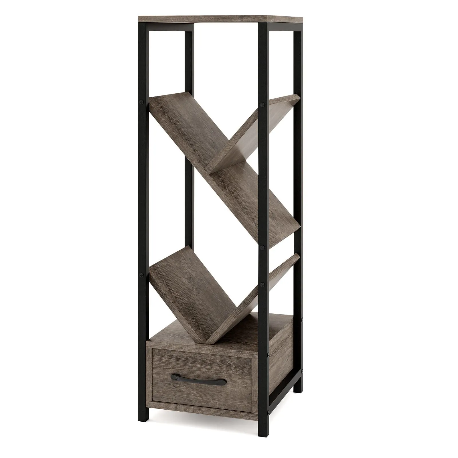 Costway Tree Bookshelf 4 Tier Floor Standing Storage Organizer w/Drawer in Grey