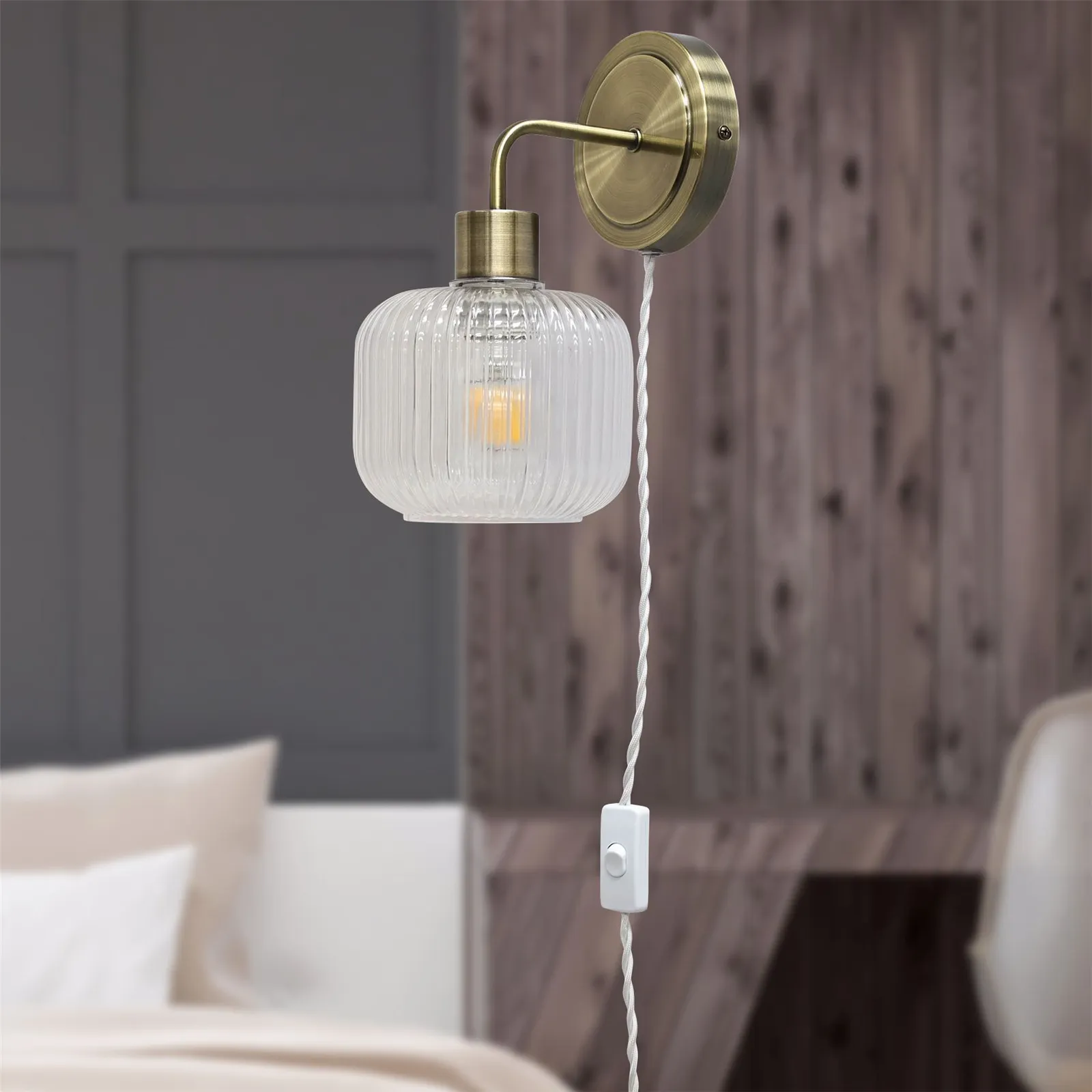 First Choice Lighting Set of 2 Toby - Antique Brass Plug in Wall Lights Ribbed Glass Shades in Gold 4