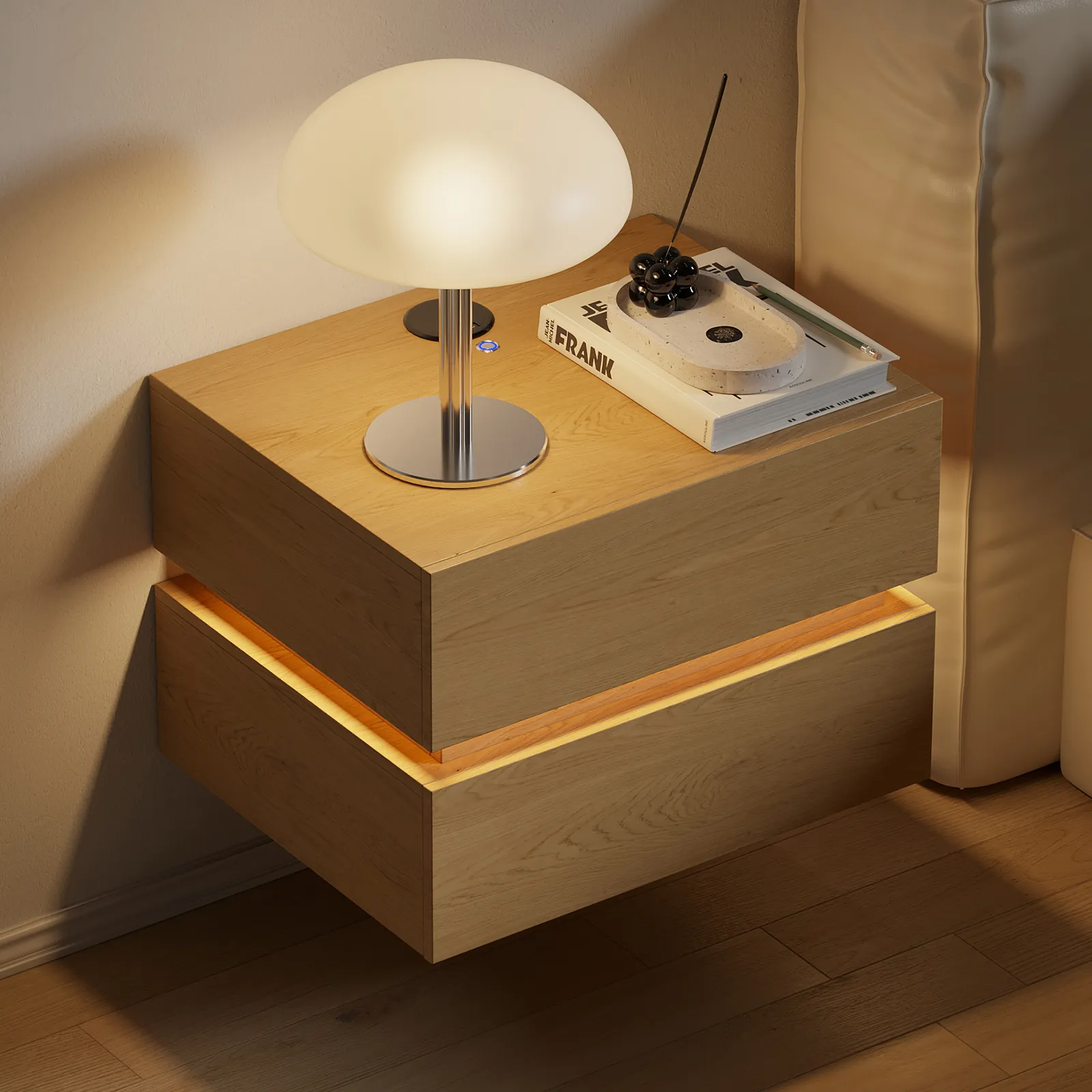 Floating Smart LED Nightstand Wireless Charging Station Bedside Table with Light White