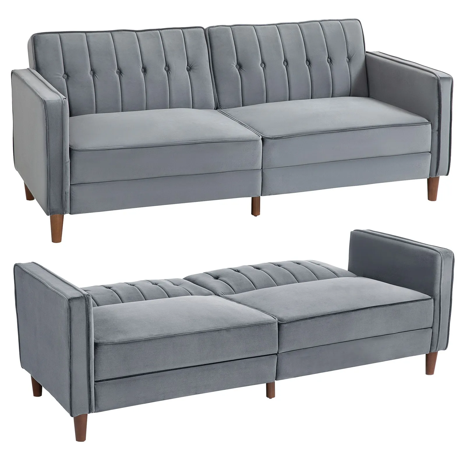 HOMCOM Convertible Sofa Futon Velvet-Touch Tufted Couch Sofa Bed Dark Grey 2