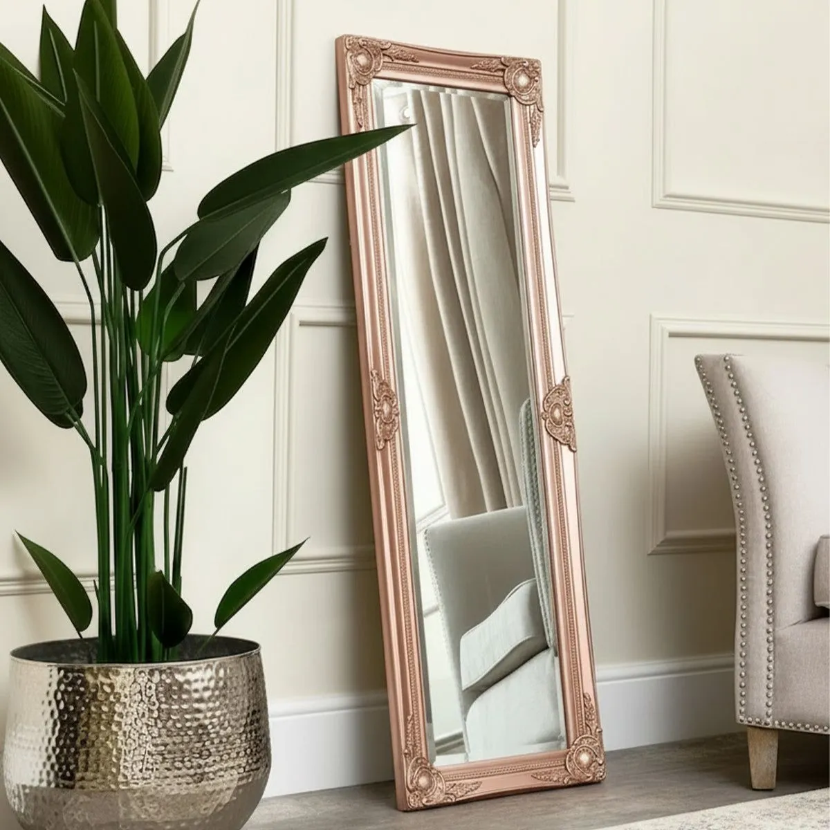 Melody Maison Tall Ornate Rose Gold Pink Mirror - 47cm X 142cm