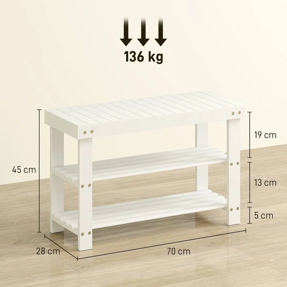 HOMCOM 3-Tier Bamboo Shoe Bench with 2 Shelves for Entryway, White 3
