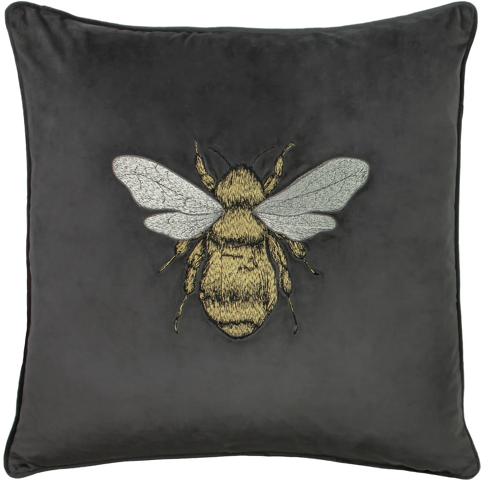 Bee Embroidered Velvet Cushion - Charcoal