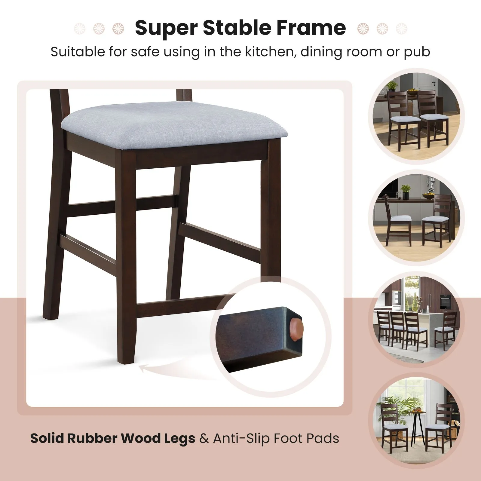 Costway 2-Piece Counter Height Bar Stool Set w/Padded Seat Bar Chair in Brown 4