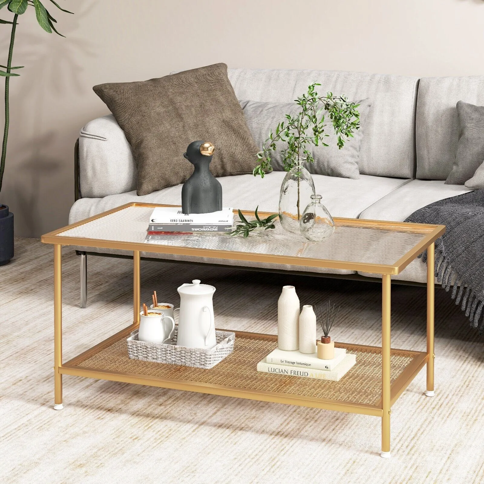 Costway 2-Tier Coffee Table Rectangle Cocktail Accent Table with Tempered Glass Top in Gold 4