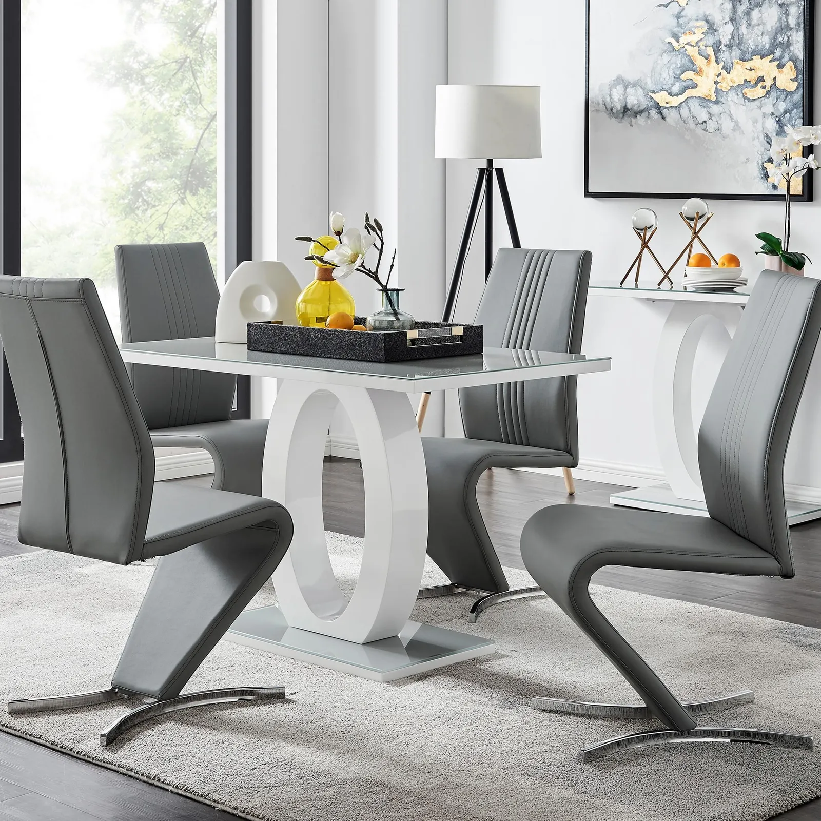 FurnitureboxUK Giovani Grey White Modern High Gloss & Glass Dining Table & 4 Willow Chairs Set 1